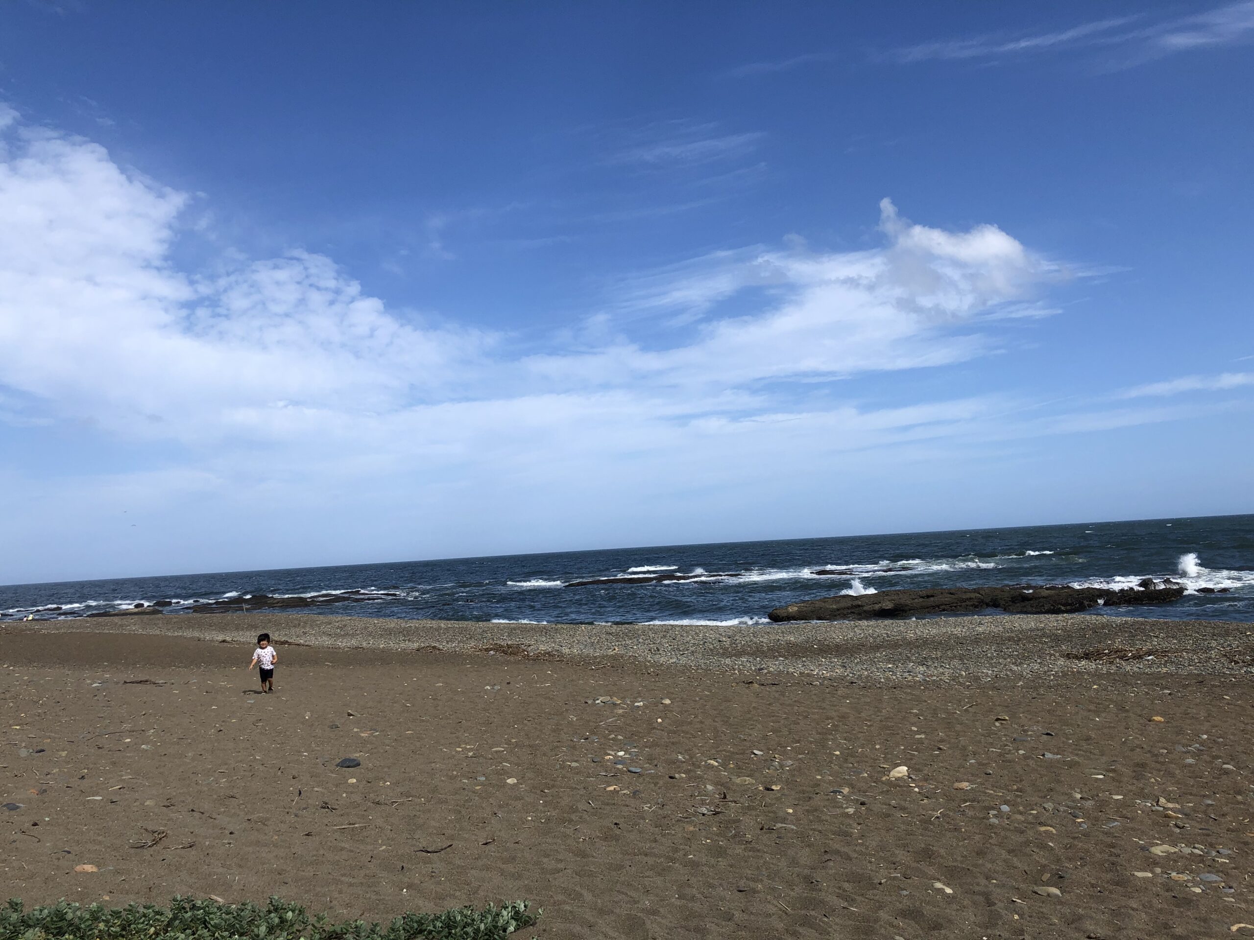 岩場のある大洗の海岸で子どもが遊ぶ様子
